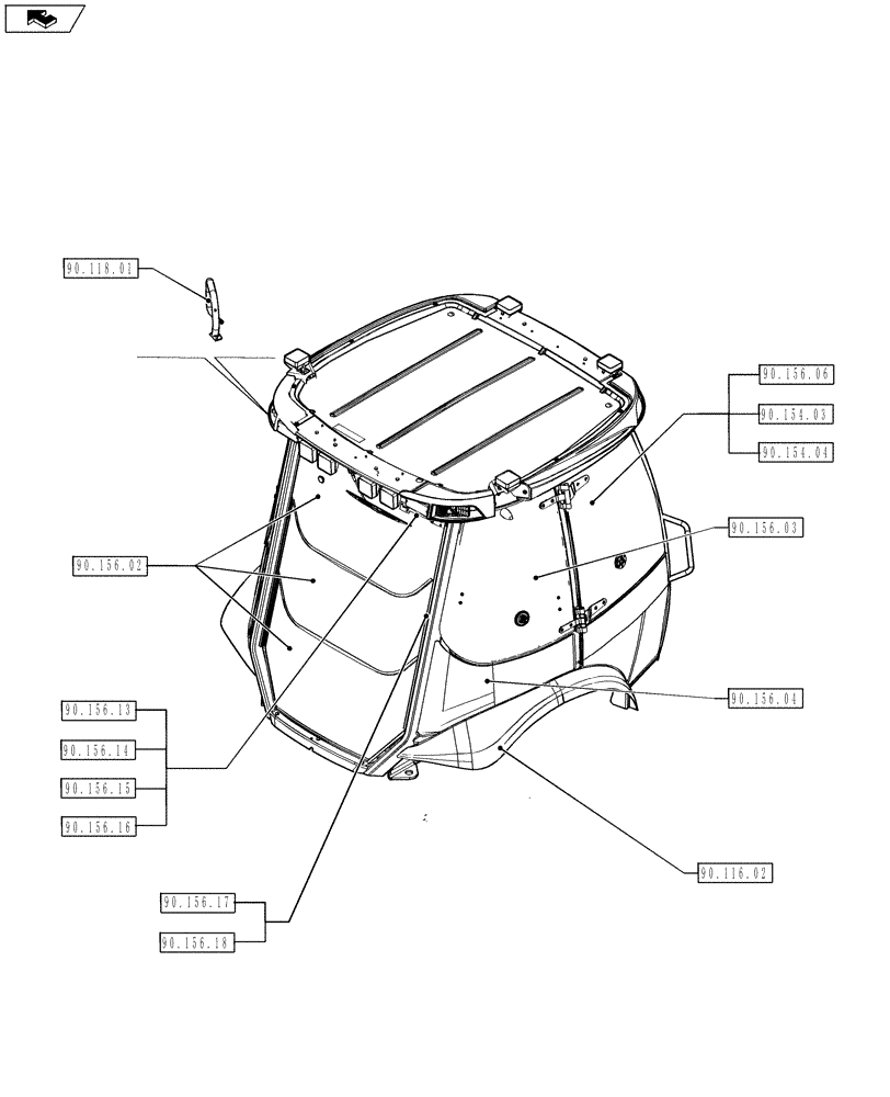 Схема запчастей Case 580SN WT - (90.000.00[04]) - SECTION INDEX - PLATFORM, CAB, BODYWORK AND DECALS (90) - PLATFORM, CAB, BODYWORK AND DECALS