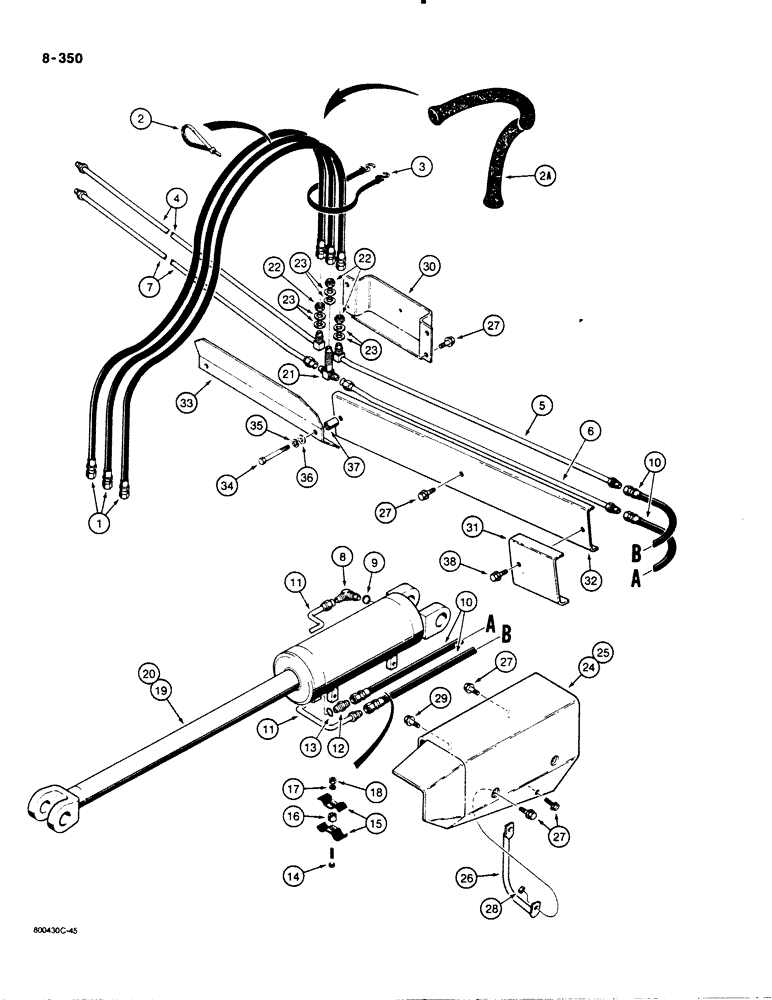 Схема запчастей Case 1450B - (8-350) - DOZER TILT AND PITCH HYDRAULIC CIRCUIT, ANGLE TILT PITCH DZER MODELS, GRILLE TO CYL. (08) - HYDRAULICS