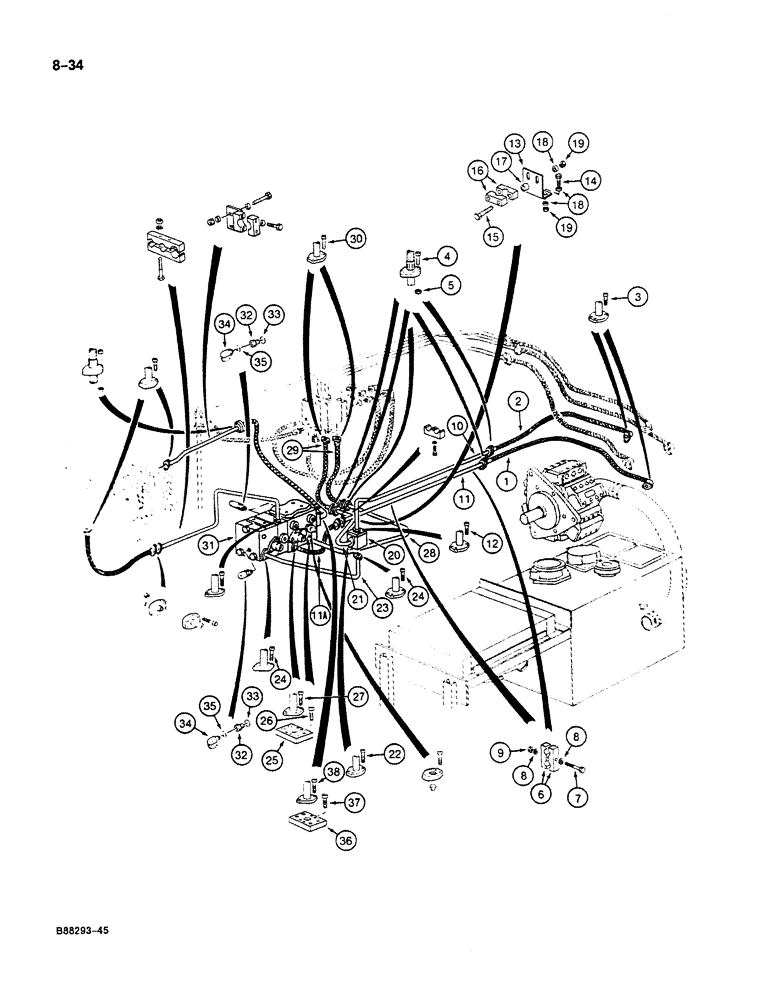 Схема запчастей Case 125B - (8-034) - HYDRAULIC PUMP LINES, P.I.N. 74631 THROUGH 74844 (08) - HYDRAULICS