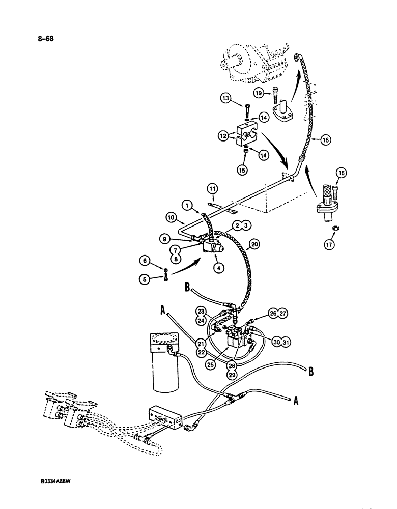 Схема запчастей Case 125B - (8-068) - HYDRAULIC CIRCUIT FOR PILOT CONTROLS, P.I.N. 74251 THROUGH 74300 (08) - HYDRAULICS
