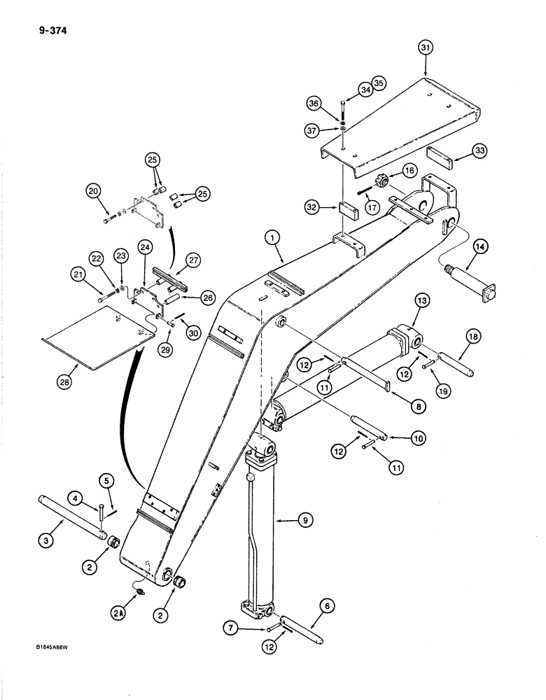 Схема запчастей Case 1187B - (9-374) - BOOM AND RELATED PARTS, USED ON MODELS WITH P.I.N. JAK00327753 AND AFTER (09) - CHASSIS