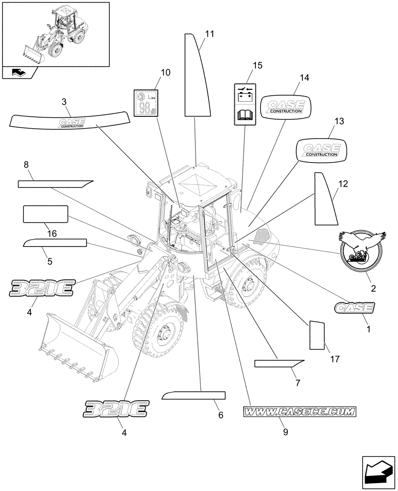 Схема запчастей Case 321E - (609/01[02]) - DECALS - STD SPEED - PORTUGUESE-BRAZILIAN - OPTIONAL CODE 482609017 (08) - SHEET METAL/DECALS