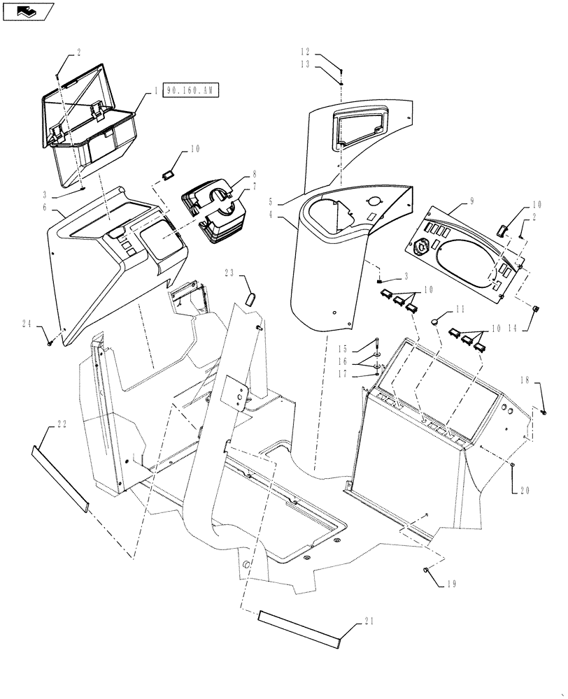 Схема запчастей Case 570NXT - (90.160.BY) - CAB CONSOLE COMPONENTS (90) - PLATFORM, CAB, BODYWORK AND DECALS