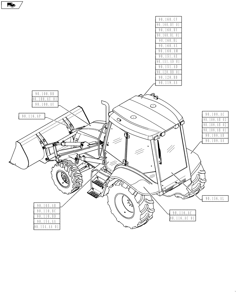 Схема запчастей Case 570NXT - (90.000.00) - PICTORIAL INDEX - PLATFORM, CAB, BODYWORK AND DECALS (90) - PLATFORM, CAB, BODYWORK AND DECALS