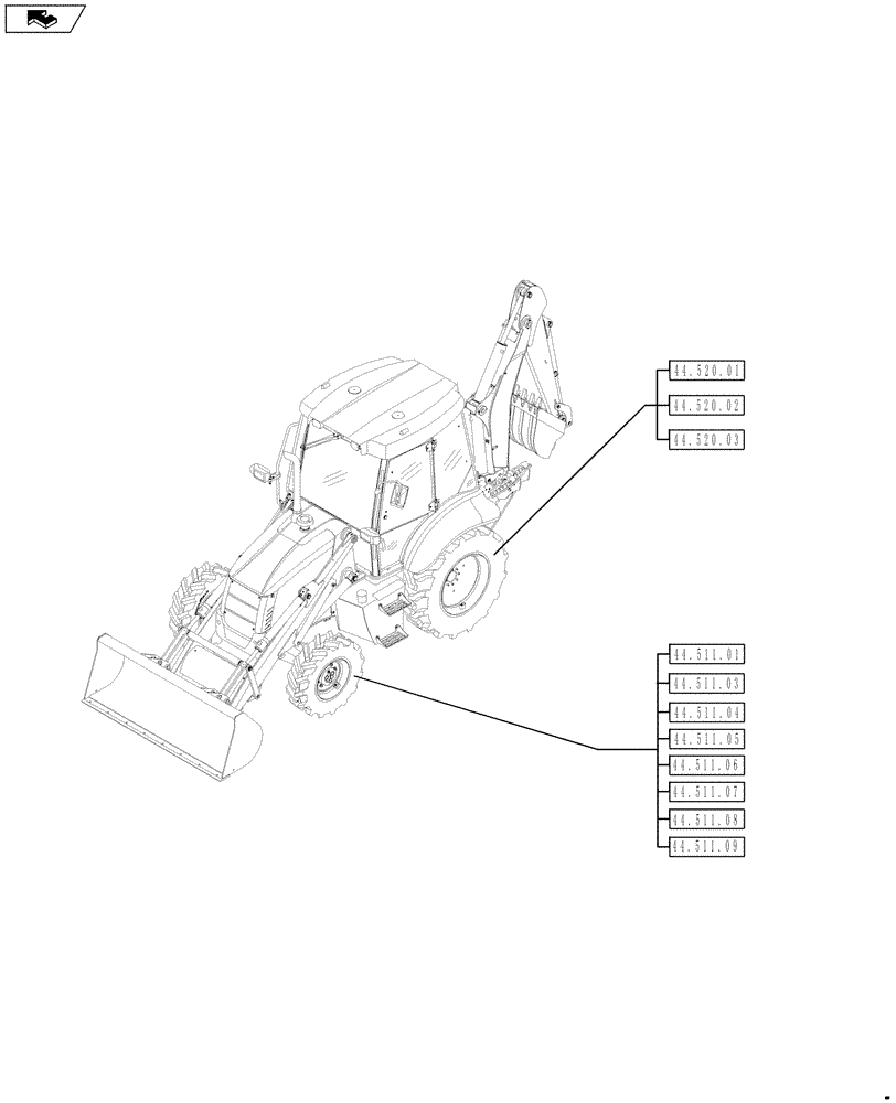 Схема запчастей Case 590SN - (00.000.44[02]) - PICTORIAL INDEX - AXLE AND WHEELS - FRONT (00) - GENERAL & PICTORIAL INDEX