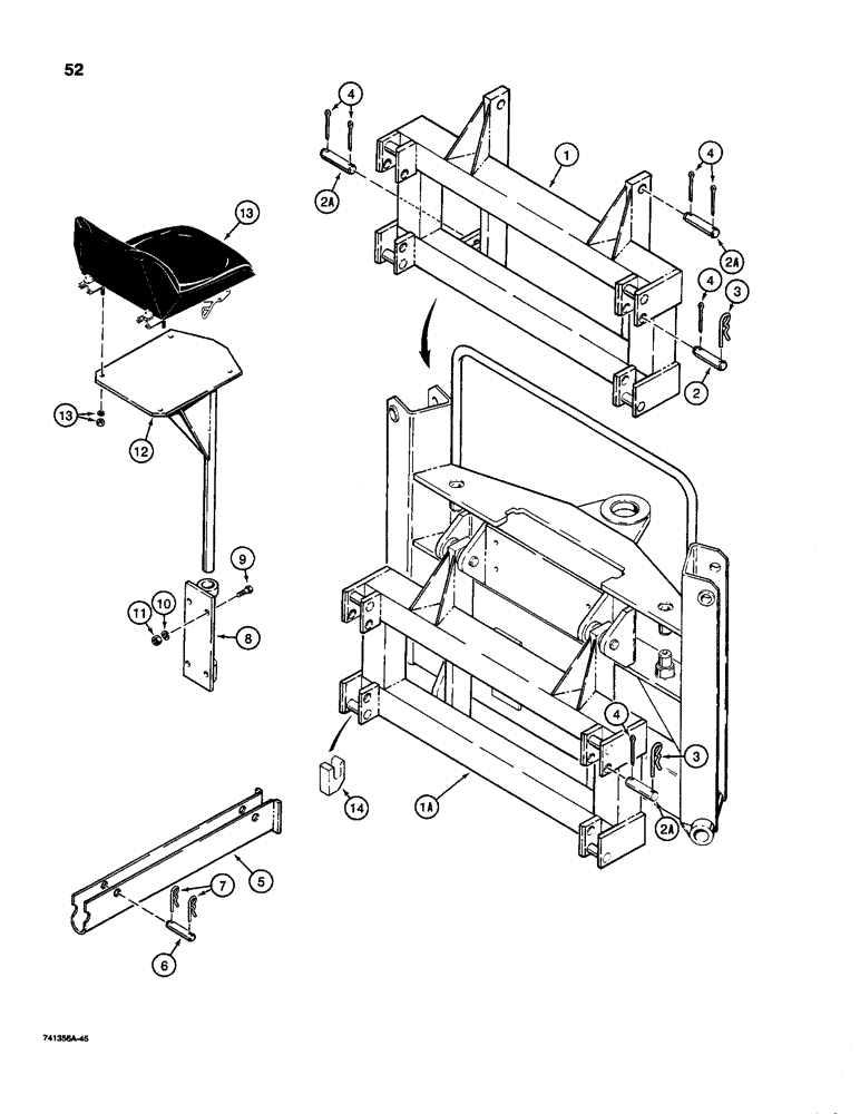 Схема запчастей Case D100XR - (9-52) - MOUNTING FRAME &SEAT, FOR ALL 1500 SERIES, 1530B & 1700 SERIES, ALSO 150M, 170, 180 & 190 UNI-LOADER 