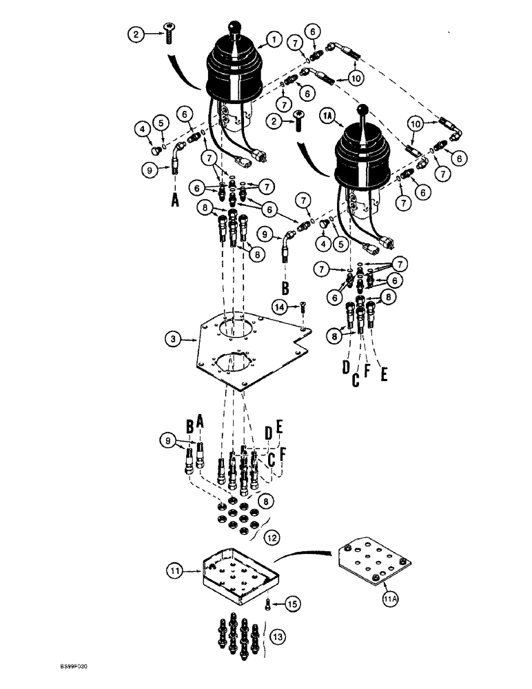 Схема запчастей Case 821B - (8-64) - REMOTE LOADER CONTROL CIRCUIT, TWO LEVERS WITH FOUR SPOOL VALVE (08) - HYDRAULICS