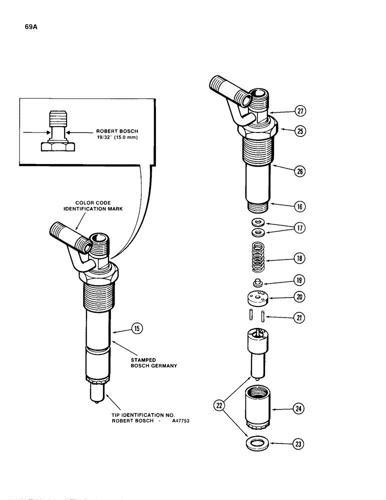 Схема запчастей Case 680H - (069A) - FUEL INJECTOR NOZZLE, 336BD DIESEL ENGINE, BLUE COLOR CODE IDENTIFICATION (03) - FUEL SYSTEM