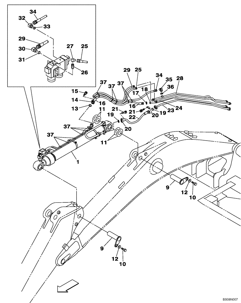 Схема запчастей Case CX470B - (08-58) - HYDRAULIC CIRCUIT - DIPPER CYLINDER WITH SAFETY VALVE (08) - HYDRAULICS