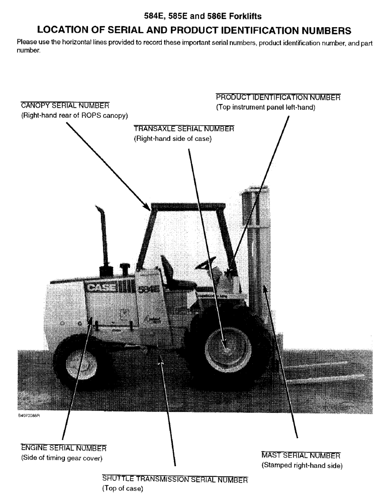 Схема запчастей Case 585E - (1-02) - LOCATION OF SERIAL AND PRODUCT IDENTIFICATION NUMBERS (00) - PICTORIAL INDEX