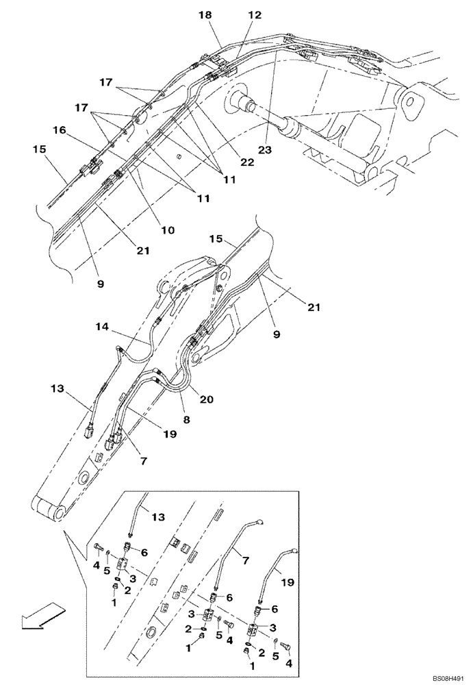 Схема запчастей Case CX470B - (08-16) - HYDRAULIC LINES - ARM - OPTIONAL - SHORT (08) - HYDRAULICS