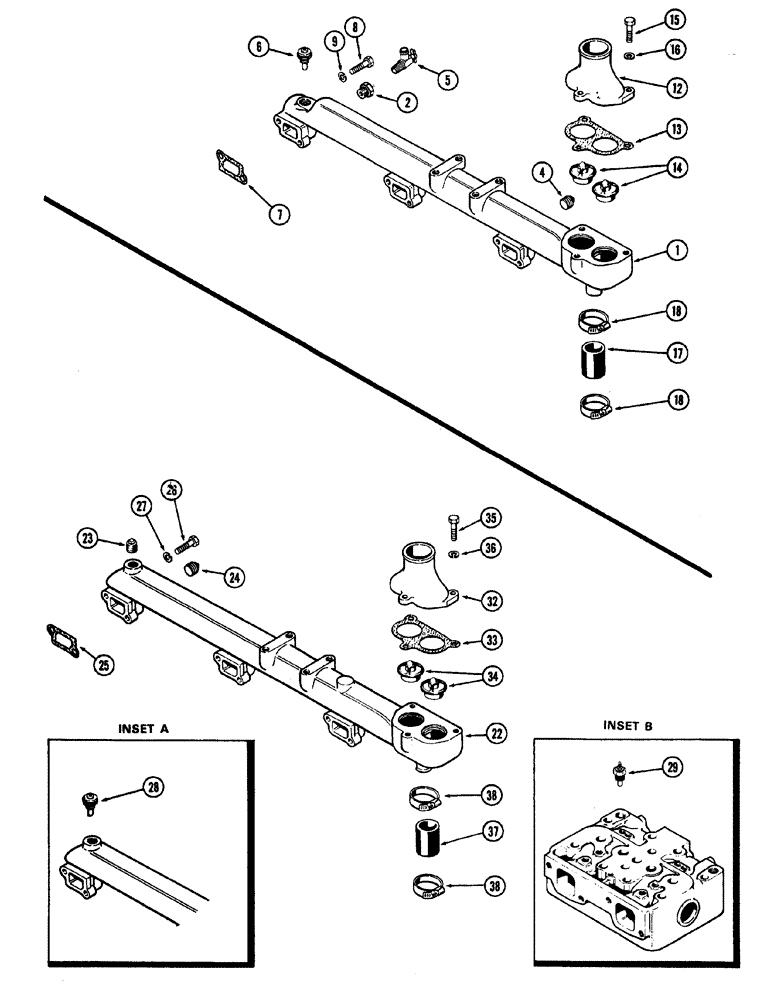 Схема запчастей Case W20 - (008) - (401B) DIESEL ENGINE WATER MANIFOLD AND THERMOSTAT, ALUMINUM (02) - ENGINE