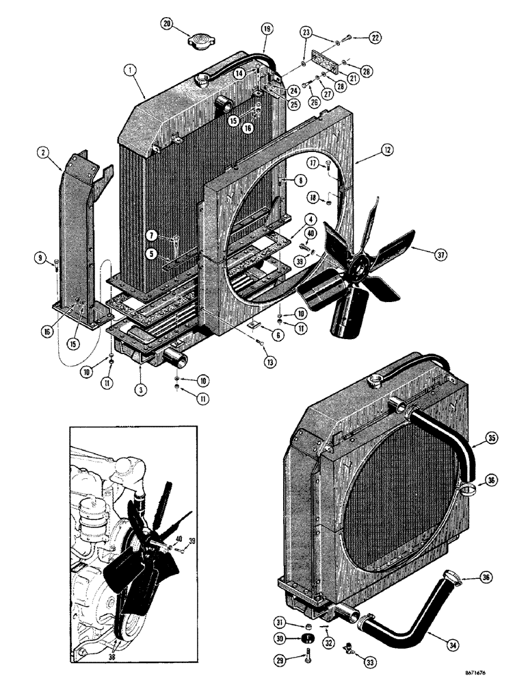 Схема запчастей Case 1150 - (034) - RADIATOR, FAN AND HOSES (01) - ENGINE