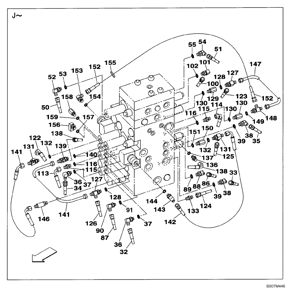 Схема запчастей Case CX135SR - (08-91[05]) - PILOT CONTROL LINES, CONTROL VALVE - OPTIONAL (2-WAY) - WITH DOZER BLADE (08) - HYDRAULICS