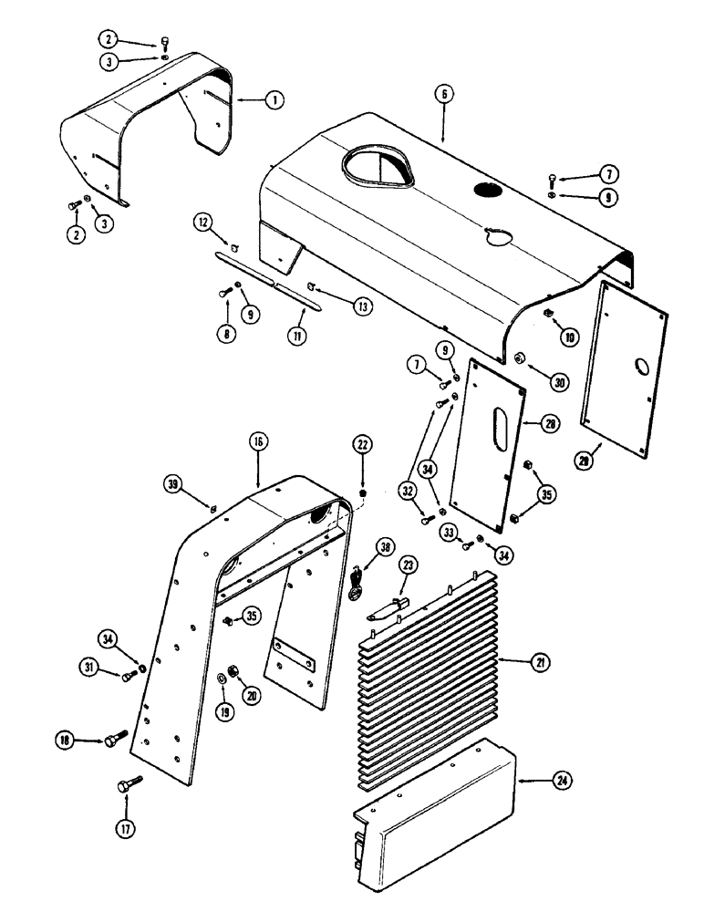 Схема запчастей Case 580 - (165A) - HOOD, GRILLE AND PANELS, WITH POP-OUT TYPE GRILLE (90) - PLATFORM, CAB, BODYWORK AND DECALS