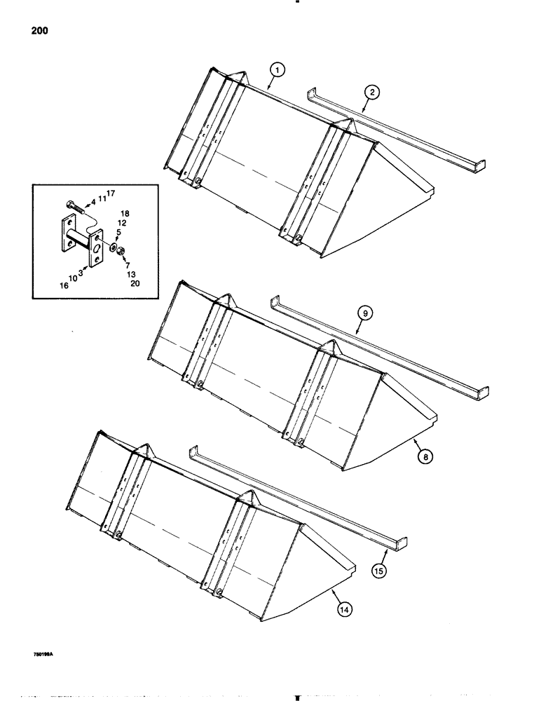 Схема запчастей Case 1845B - (200) - SPECIAL PURPOSE BUCKETS, FERTILIZER AND GRAIN BUCKET, STOCKYARD BUCKET, SNOW AND LITTER BUCKET (09) - CHASSIS/ATTACHMENTS
