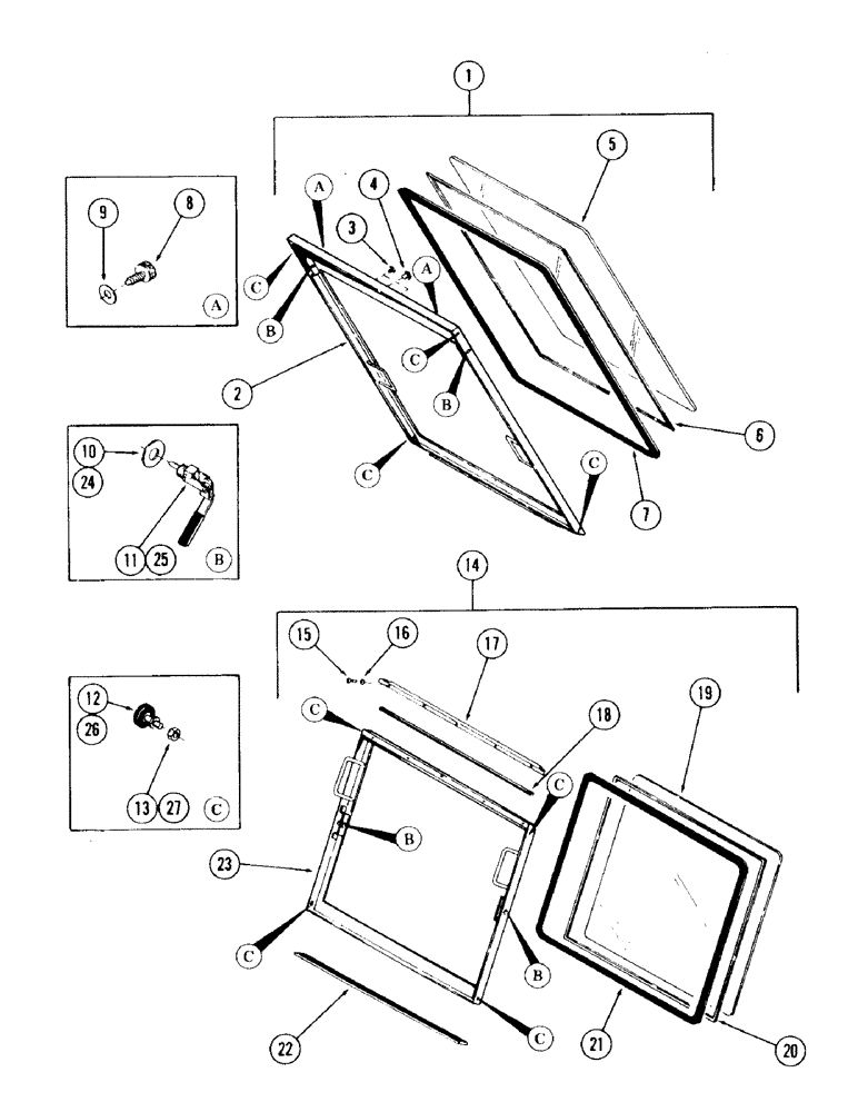 Схема запчастей Case 120 - (077) - CAB AND ATTACHING PARTS, UPPER AND LOWER FRONT WINDOWS AND ATTACHING PARTS (90) - PLATFORM, CAB, BODYWORK AND DECALS