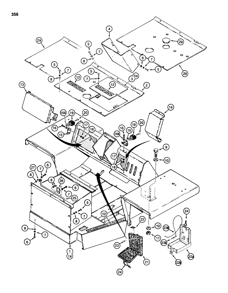 Схема запчастей Case 585D - (356) - FENDERS, FLOOR PLATES, AND BATTERY BOX (90) - PLATFORM, CAB, BODYWORK AND DECALS