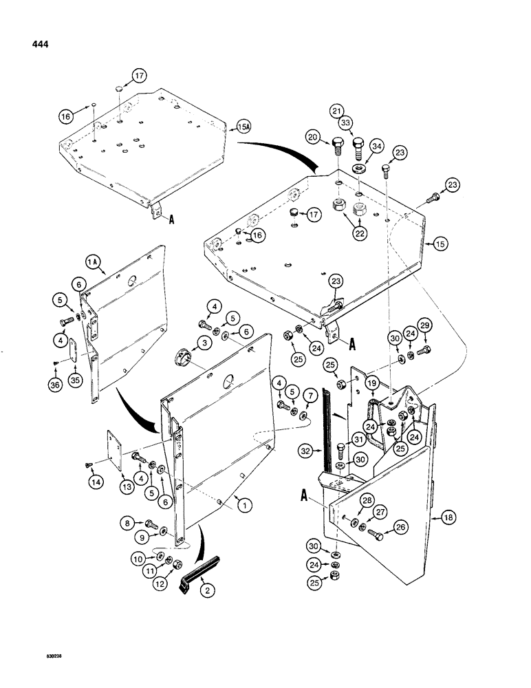 Схема запчастей Case 480C - (444) - BATTERY COMPARTMENT AND VALVE MOUNTING PLATE (90) - PLATFORM, CAB, BODYWORK AND DECALS