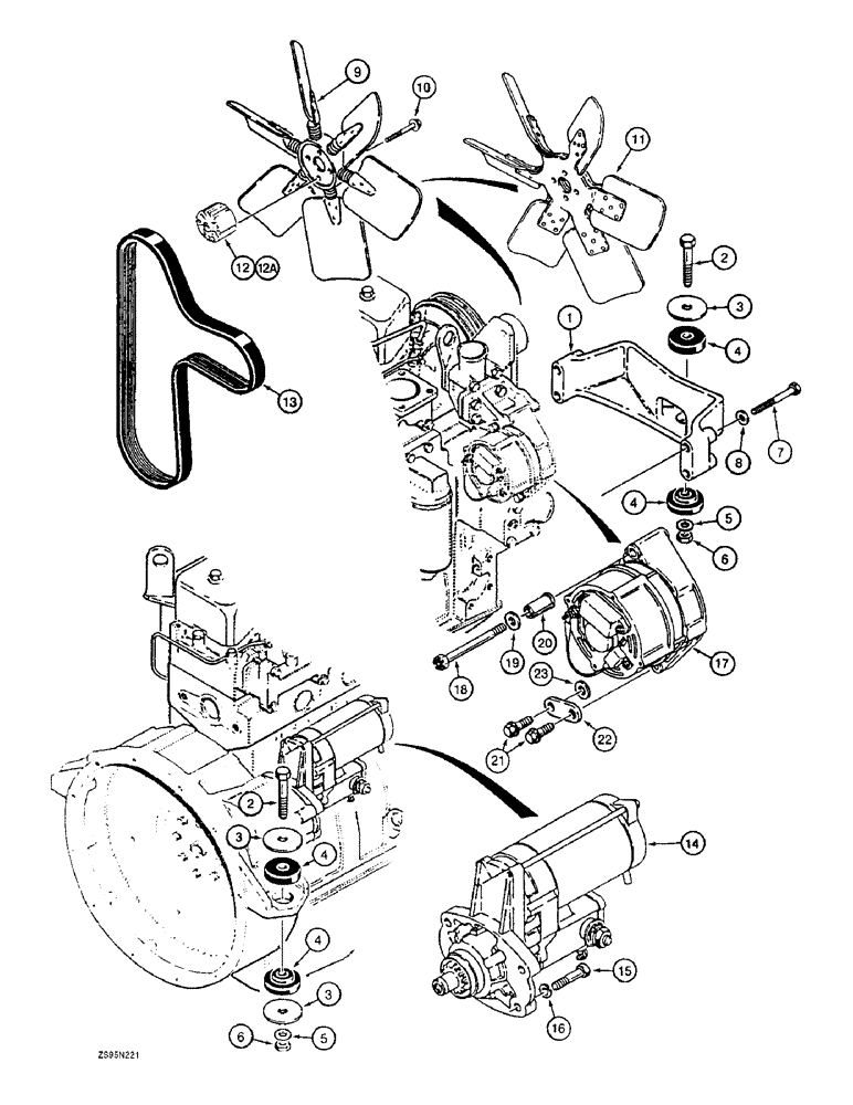 Схема запчастей Case 1155E - (2-112) - ENGINE, STARTER, AND ALTERNATOR MOUNTING, FAN AND FAN BELT, 6T-590 ENG (02) - ENGINE