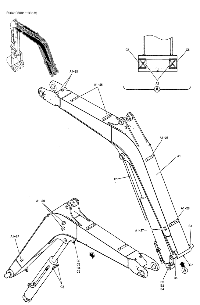 Схема запчастей Case CX50B - (04-001) - BOOM ASSEMBLY, STANDARD 2.19M (9FT 2IN) - BTW PJ04-03001 - 03572 Attachments