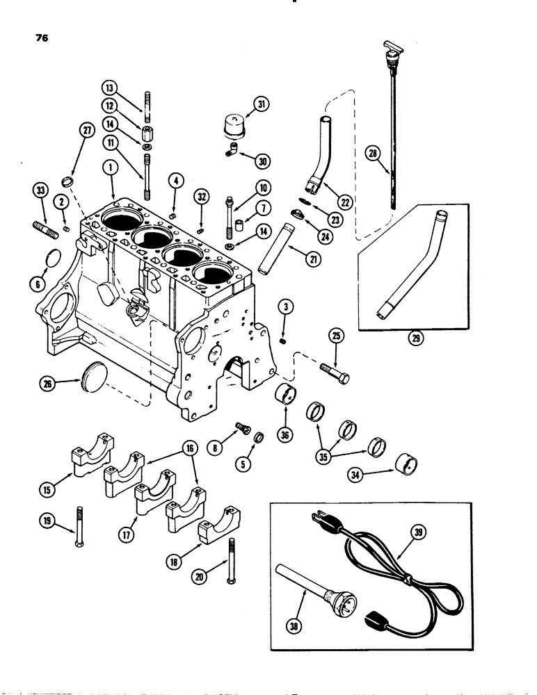 Схема запчастей Case 1845S - (076) - CYLINDER BLOCK, (188) DIESEL ENGINE, ENGINE SERIAL NO. 2836084 AND AFTER, BLOCK HEATER (10) - ENGINE