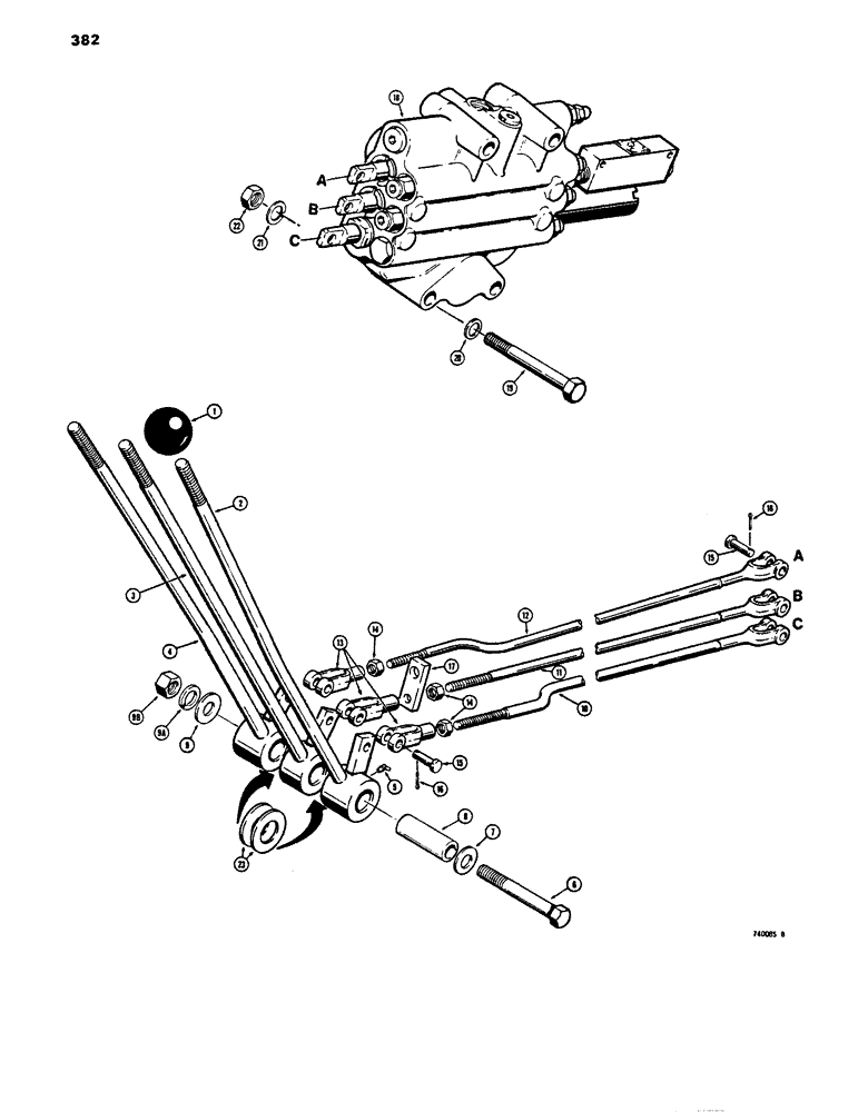 Схема запчастей Case 680E - (382) - LOADER CONTROLS, 3 SPOOL VALVE AND LEVERS (82) - FRONT LOADER & BUCKET
