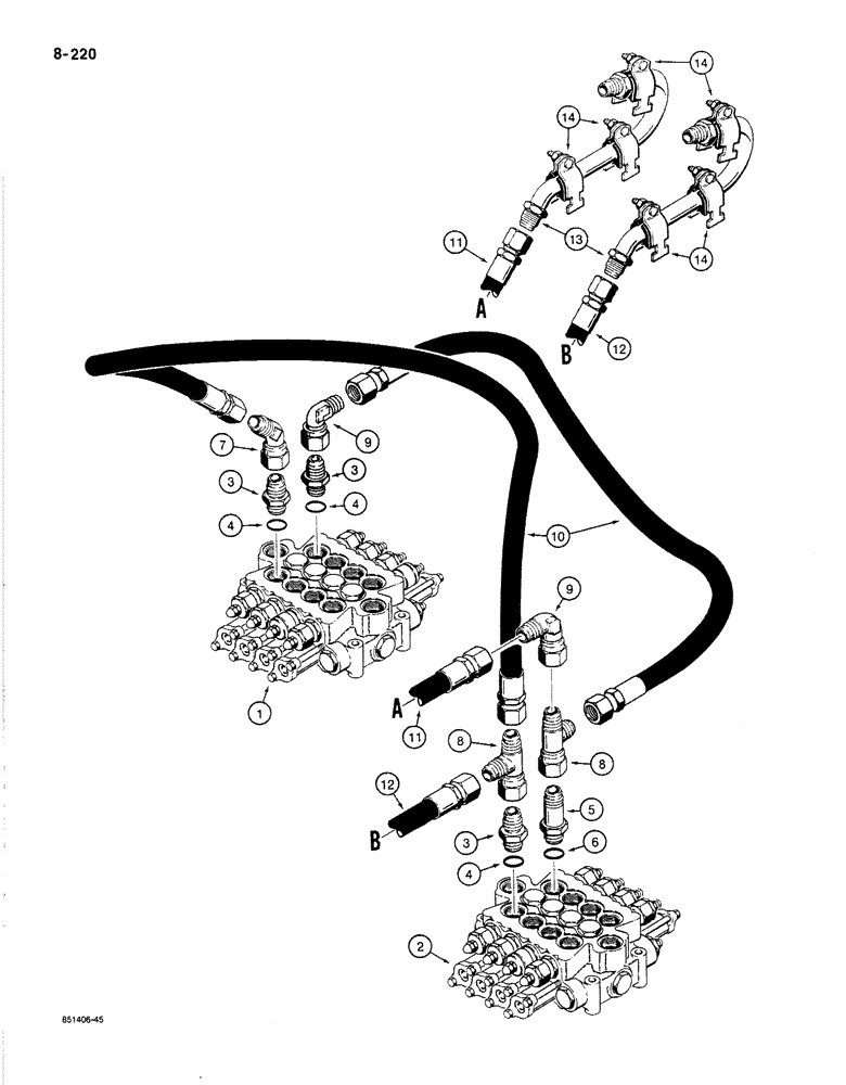 Схема запчастей Case 1187B - (8-220) - ATTACHMENT CYLINDER CIRCUIT, TUBES FROM CONTROL VALVES AT TURNTABLE (08) - HYDRAULICS