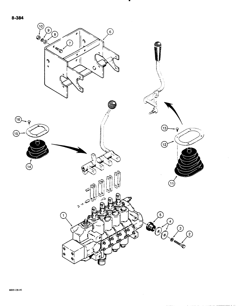 Схема запчастей Case 1450B - (8-384) - EQUIPMENT CONTROL VALVE MOUNTING, AND CONTROL LEVER BOOTS (08) - HYDRAULICS