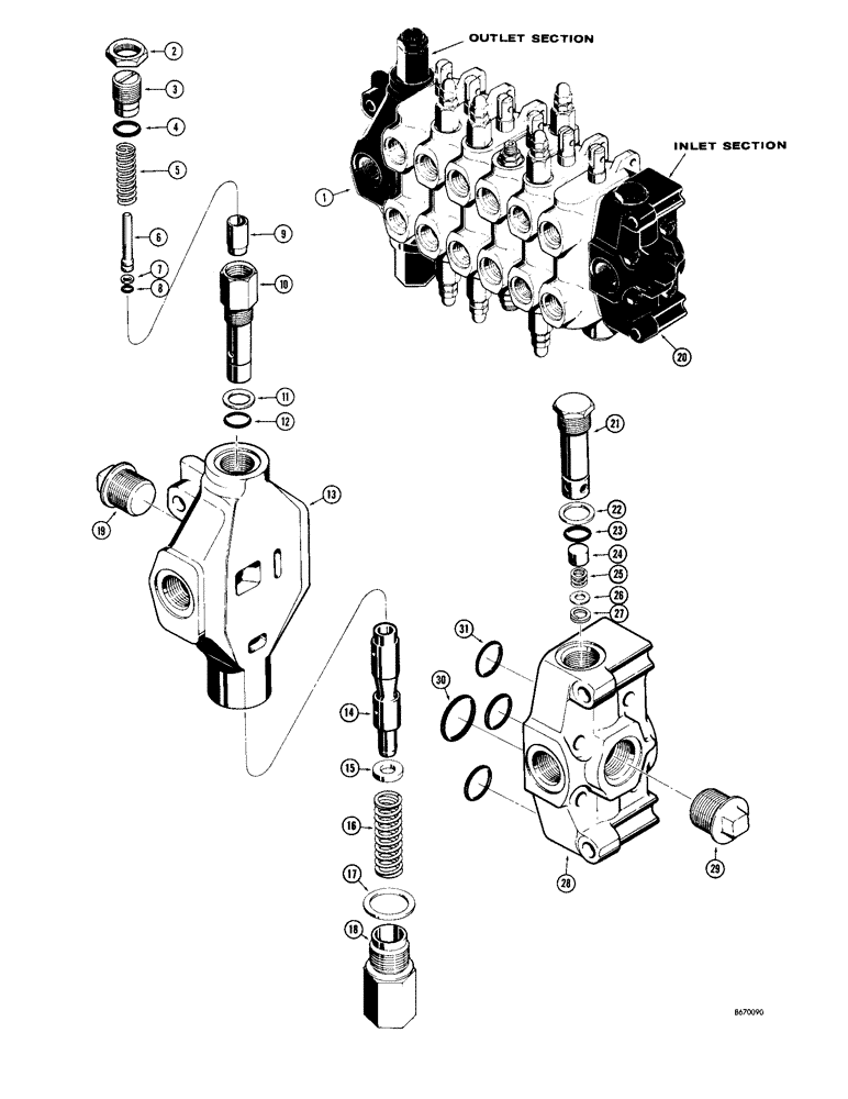 Схема запчастей Case 34 - (148) - D40764 BACKHOE OUTLET SECTION, D37349 BACKHOE INLET SECTION 