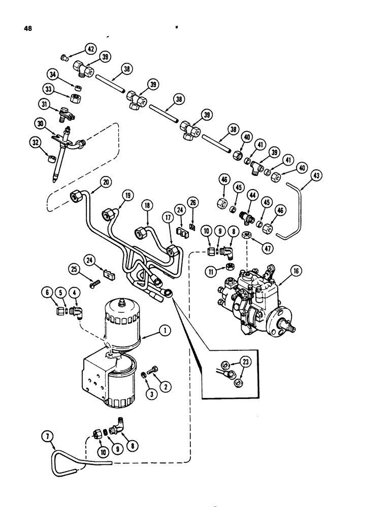 Схема запчастей Case 450B - (048) - FUEL INJECTION AND FILTER SYSTEM, 207 NATURALLY ASPIRATED DIESEL ENGINE, PRIOR TO ENGINE S/N 4310019 (02) - FUEL SYSTEM