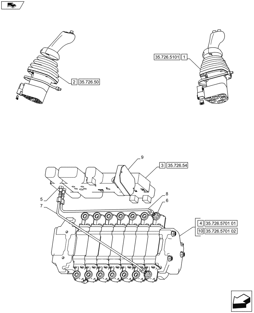 Схема запчастей Case 580SN - (35.726.4601) - VALVE - PILOT CONTROL AND JOYSTICKS (7 SPOOL, W/ EXT DIPPER, W/O AUX HYDS) - D9006 (35) - HYDRAULIC SYSTEMS