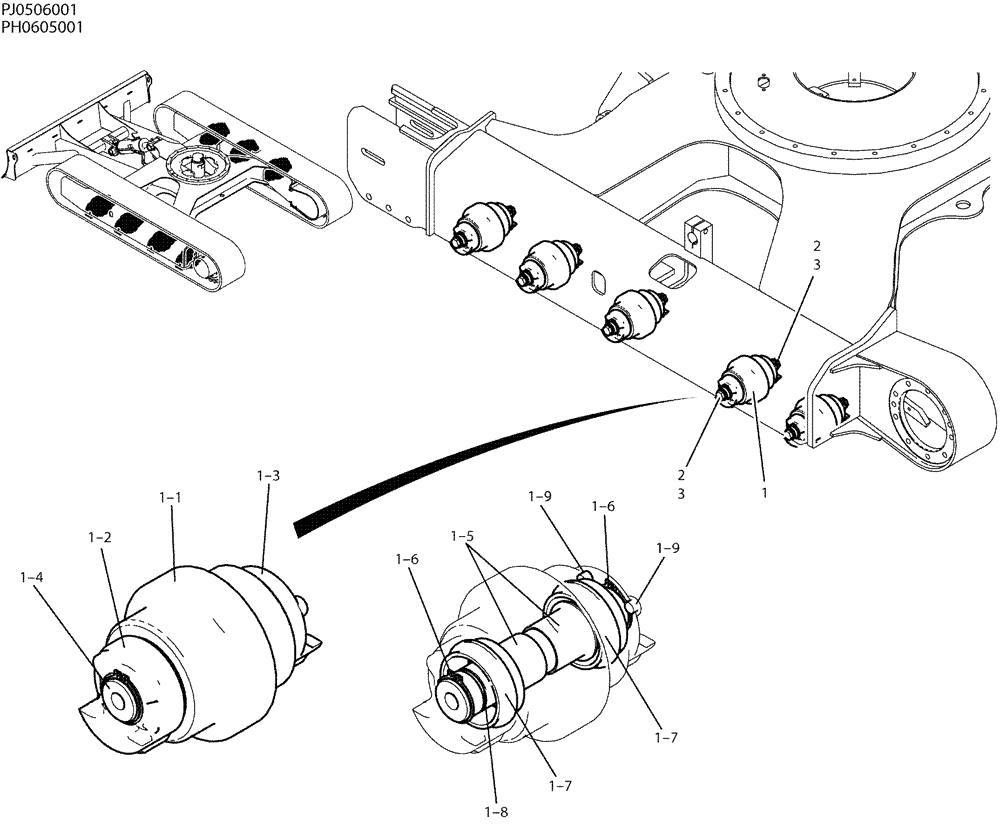 Схема запчастей Case CX50B - (02-007) - ROLLER ASSY, TRACK (48) - TRACKS & TRACK SUSPENSION