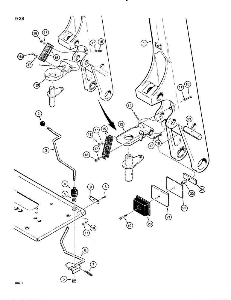 Схема запчастей Case 35C - (9-38) - BOOM LATCH, 850C, 850D/855D AND 855E CRAWLERS ONLY (09) - CHASSIS/ATTACHMENTS
