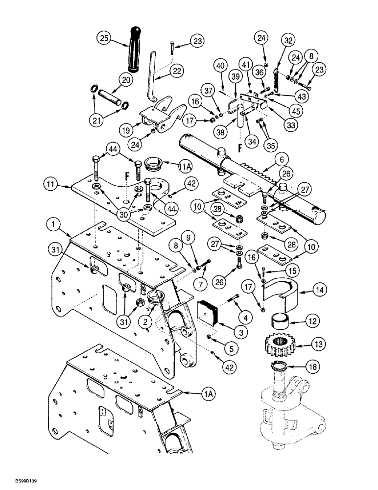 Схема запчастей Case 560 - (9-038) - BACKHOE FRAME, BOOM LOCK, AND SWING CYLINDER MOUNTING, D125 BACKHOE (09) - CHASSIS/ATTACHMENTS