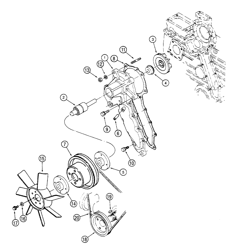 Схема запчастей Case 6010 - (02-07) - PUMP, WATER - FAN, KUBOTA V2003TE ENGINE (10) - ENGINE