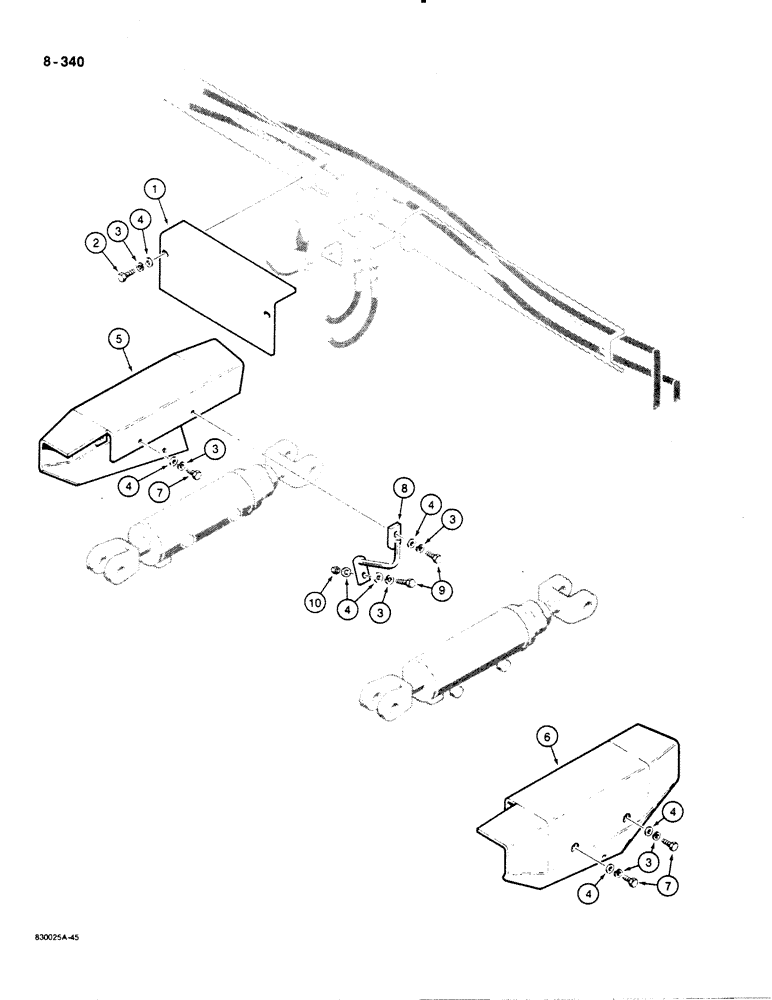 Схема запчастей Case 1450B - (8-340) - HOSE & CYL GUARDS, OPTIONAL DZER TILT HYD CIRT MECHANICAL ANGLE DZER, MODELS W/HOSES ON BACK OF BLAD (08) - HYDRAULICS