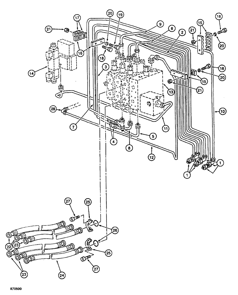 Схема запчастей Case 688 - (8-072) - HYDRAULIC CONTROL CIRCUIT, TO SOLENOID AND ATTACHMENT CONTROL VALVES (08) - HYDRAULICS