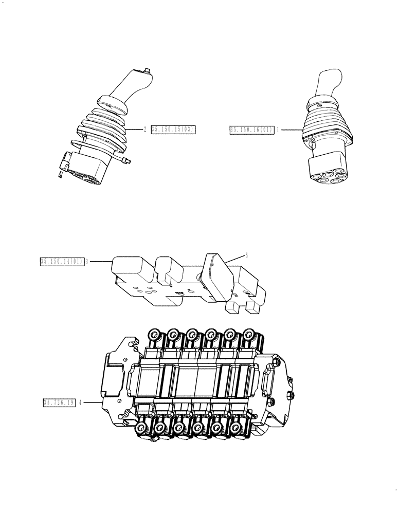 Схема запчастей Case 590SN - (35.726.03[02]) - VALVE - PILOT CONTROL AND JOYSTICKS (6 SPOOL, W/O EXT DIPPER, W/O AUX HYDS) (35) - HYDRAULIC SYSTEMS