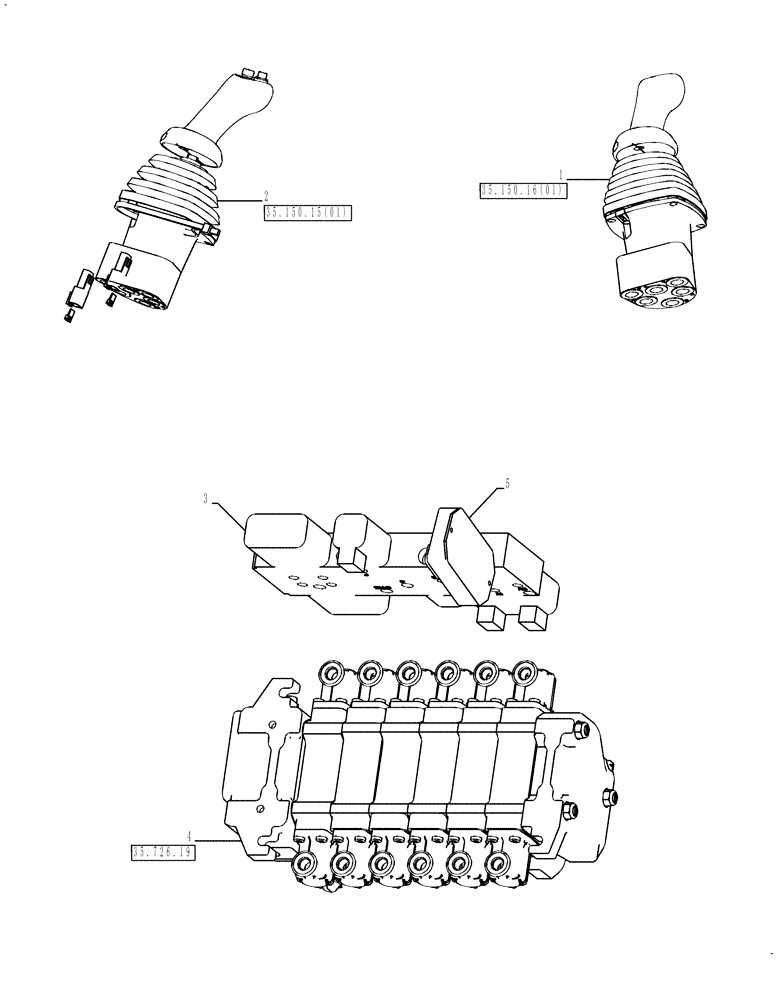 Схема запчастей Case 590SN - (35.726.02) - VALVE - PILOT CONTROL AND JOYSTICKS (6 SPOOL, W/O EXT DIPPER, W/ AUX HYDS) (35) - HYDRAULIC SYSTEMS