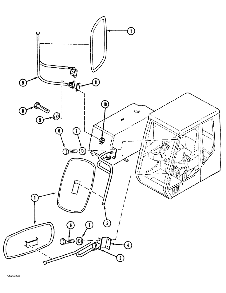 Схема запчастей Case 688BCK - (9F-12) - FRONT AND REAR VIEW MIRRORS, 688B CK (120301-120534, 120536-120547, 120549-120565) (05.1) - UPPERSTRUCTURE CHASSIS/ATTACHMENTS