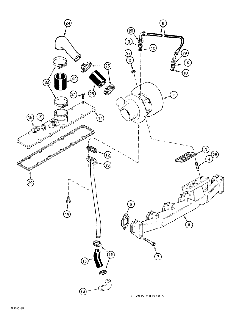 Схема запчастей Case 621B - (2-20) - TURBOCHARGER SYSTEM AND MANIFOLDS, 6T-590 ENGINE, PRIOR TO LOADER P.I.N. JEE0053350 (02) - ENGINE