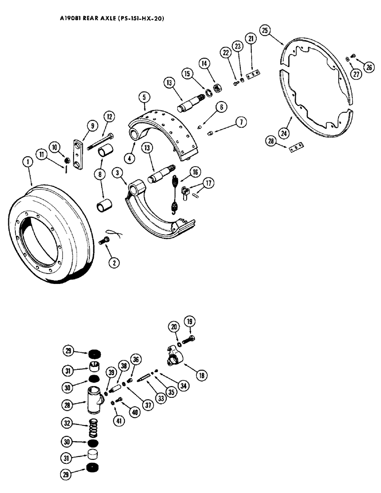 Схема запчастей Case W10B - (178) - A19081 REAR STEERING AXLE, EARLY PRODUCTION, REAR BRAKE DRUM AND LININGS (06) - POWER TRAIN