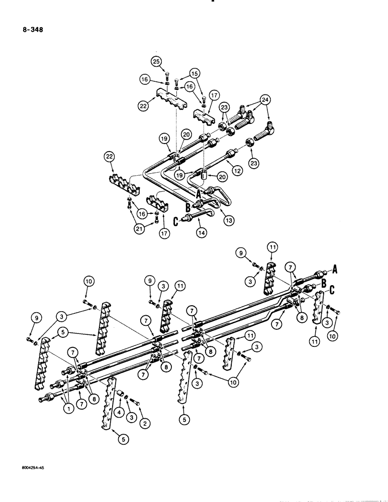 Схема запчастей Case 1450B - (8-348) - DOZER TILT AND PITCH HYDRAULIC CIRCUIT, ANGLE TILT PITCH DZER MODELS, TUBES TO GRILLE (08) - HYDRAULICS