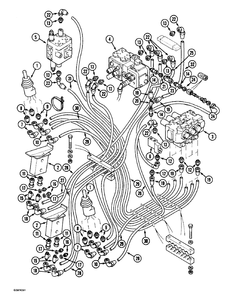 Схема запчастей Case 220B - (8-058) - HYDRAULIC CIRCUIT FOR PILOT CONTROL SUPPLY, P.I.N. 74570 THRU 74597, P.I.N. 03201 THRU 03208 (08) - HYDRAULICS