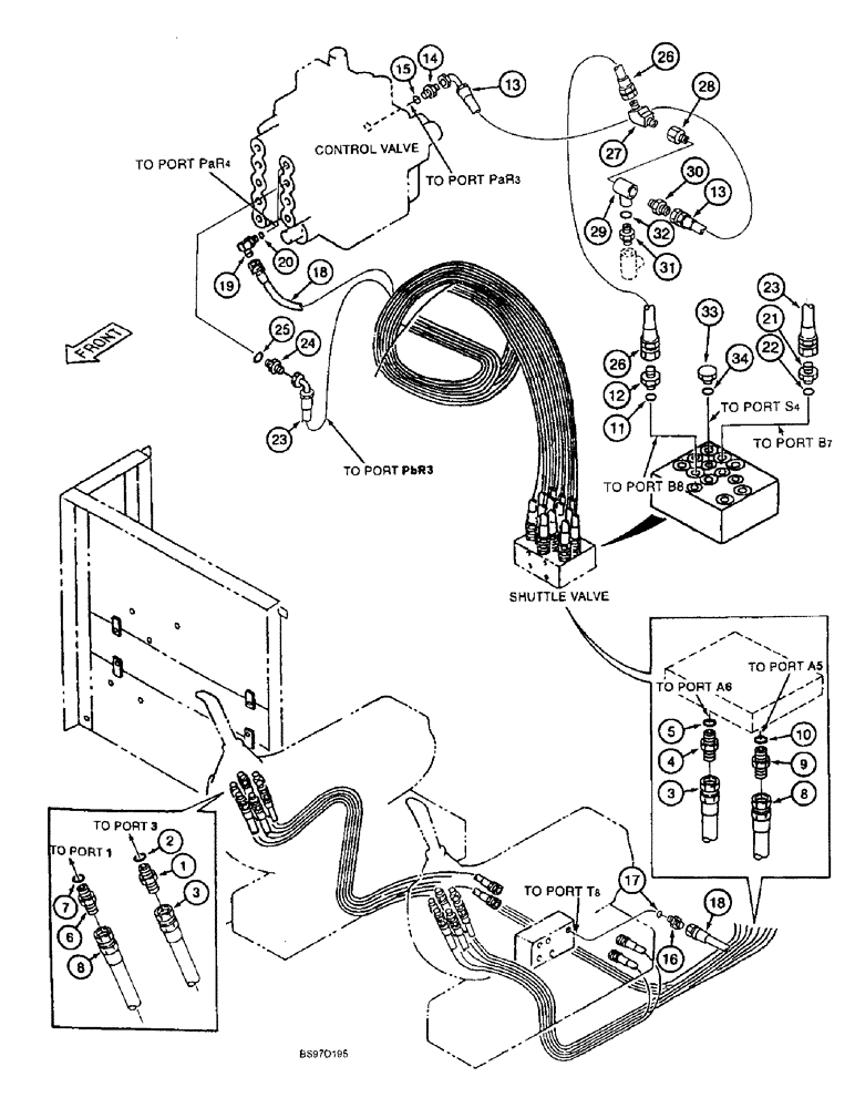 Схема запчастей Case 9040B - (8-038) - BUCKET CONTROL LINES, FOR MODELS WITH LONG REACH (08) - HYDRAULICS