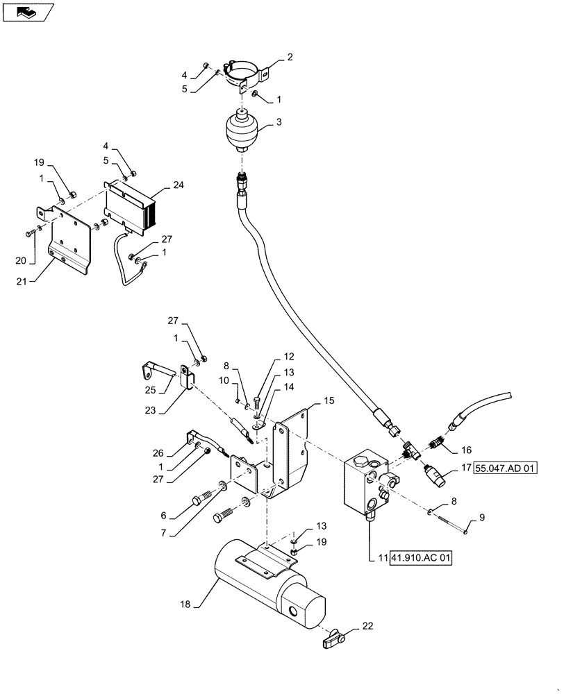 Схема запчастей Case 1021F - (41.200.02[02]) - AUXILIARY STEERING ACCUMULATOR AND HARDWARE (41) - STEERING