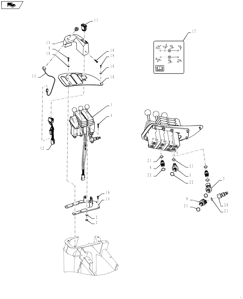 Схема запчастей Case 1121F - (35.128.03) - VALVE ASSEMBLY - JOYSTICK CONTROL INSTALLATION - 3 FUNCTION JOYSTICK, 3 LEVER (35) - HYDRAULIC SYSTEMS
