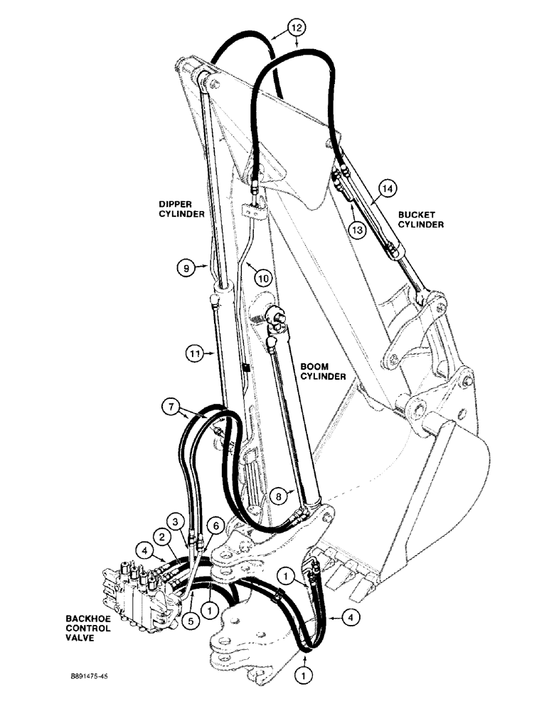 Схема запчастей Case 480F LL - (1-18) - PICTORIAL INDEX, 12 AND 14 FOOT BACKHOE HYDRAULICS, BOOM, DIPPER, AND BUCKET (00) - PICTORIAL INDEX