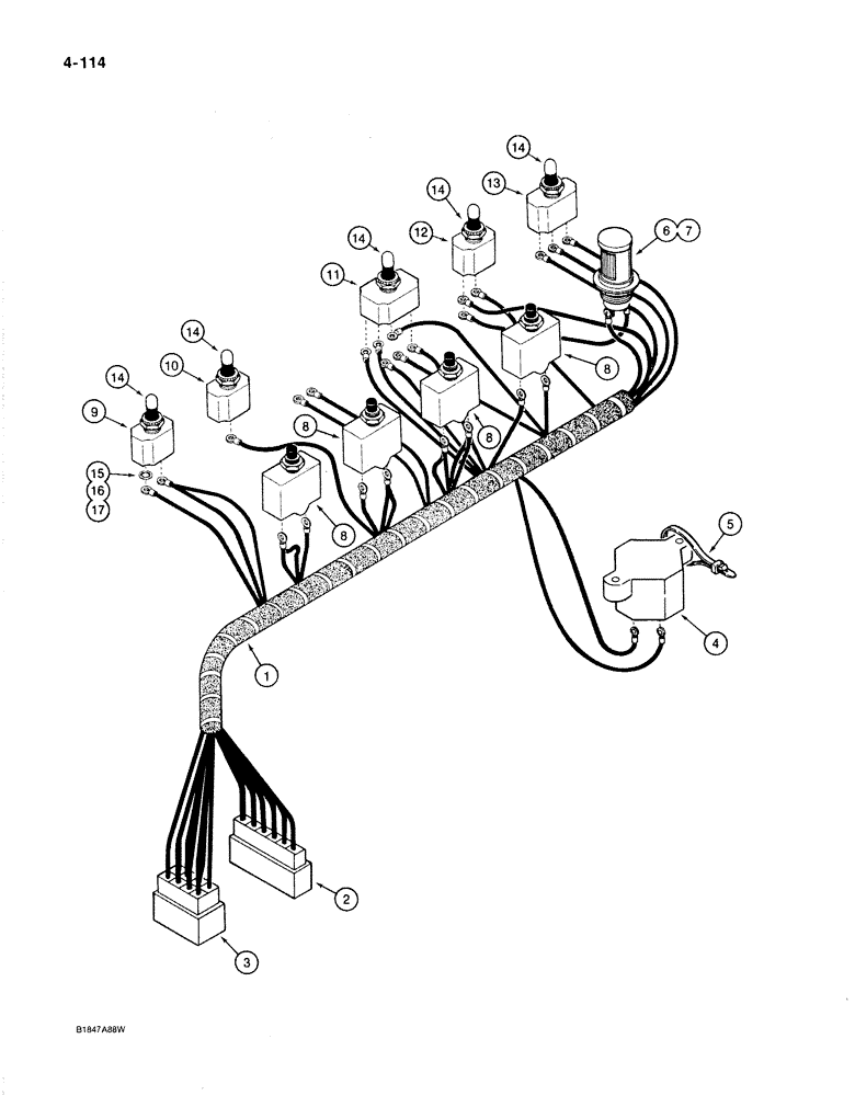 Схема запчастей Case 1187B - (4-114) - ELECTRICAL HARNESS - LEFT-HAND CONSOLE, USED ON MODELS WITH P.I.N. 6275525 AND AFTER (04) - ELECTRICAL SYSTEMS